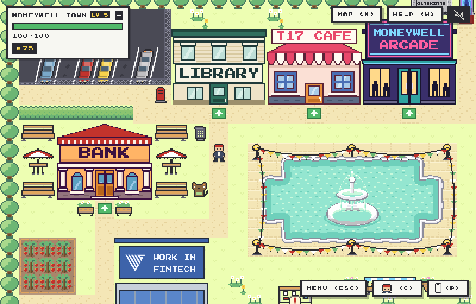 The town overworld: Northwell Bank, the fountain, the WORK IN FINTECH building and the noticeboard.